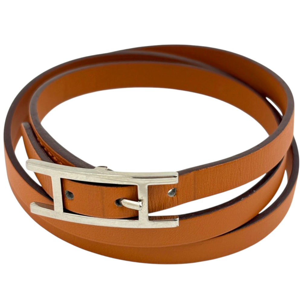HERMES Silver Leather Charm Bracelet